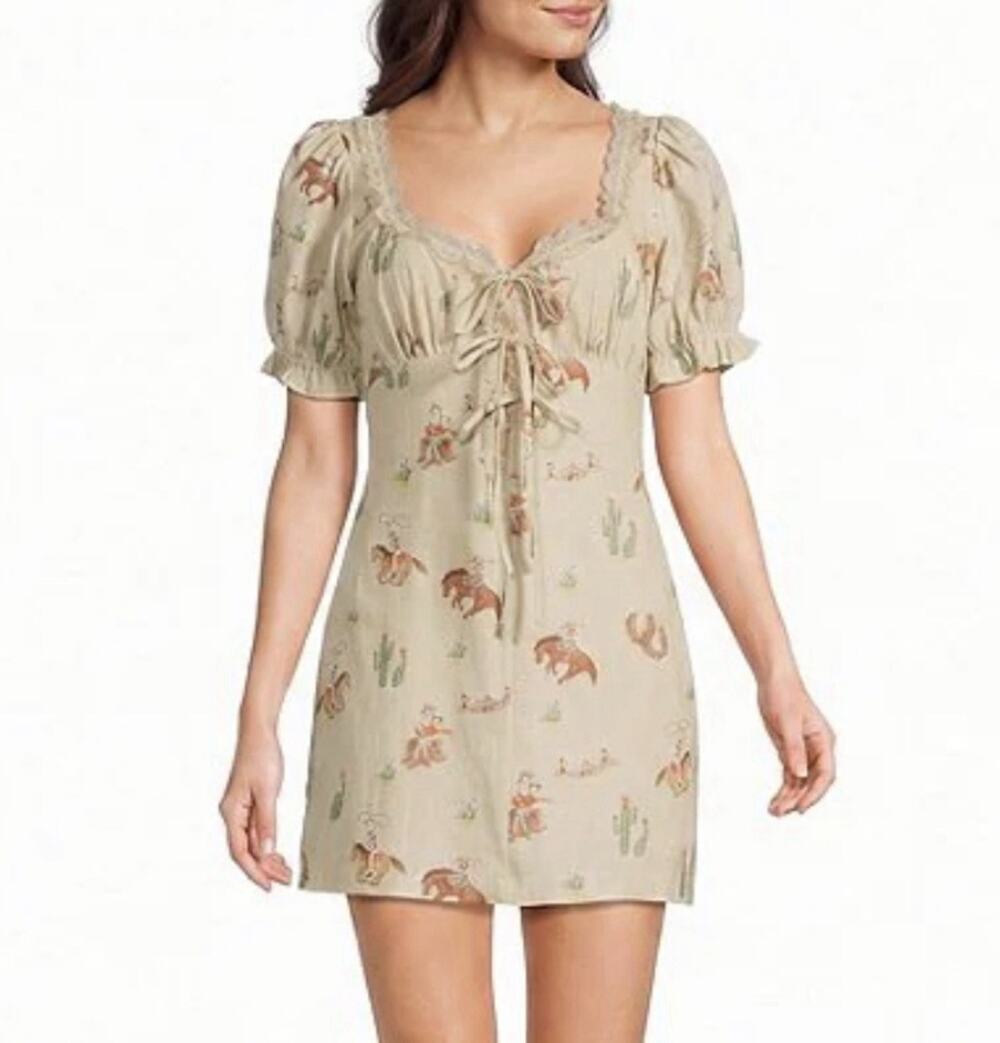 Bailey Rose Mini Dress Size L Beige Western Horse Print Cowgirl Rodeo Coquette